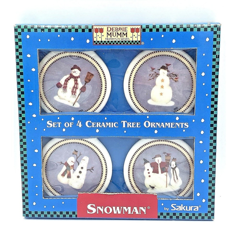 Vtg Debbie Mumm‎ Sakura Snowman Set Of 4 Ceramic Christmas Ornaments NIB